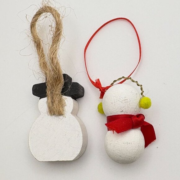 Vintage Wooden Snowman Christmas Tree Ornaments Set Of 2 Mini Rustic - Picture 2 of 7